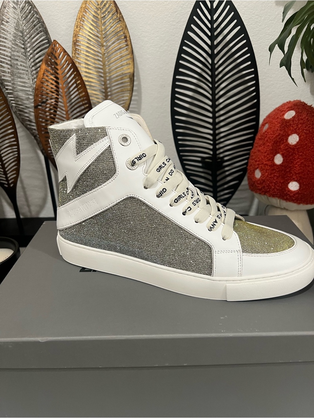 Zadig & Voltaire Men's White Silver Glitter High-Top Lace-Up Zipper sneakers